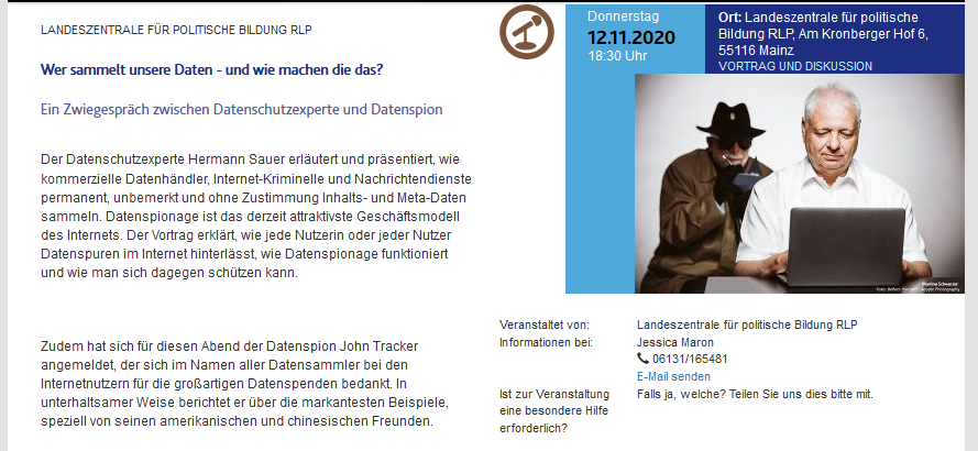 12.11.2020 18.30 Uhr Hermann Sauer & John Tracker bei der Landeszentrale für politische Bildung RLP in Mainz (präsenz)